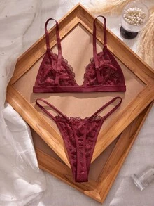 SHEIN Elacene 3SETS Sexy Lace Patchwork Front Closure Women's Lingerie Set - Burgundy - View 3