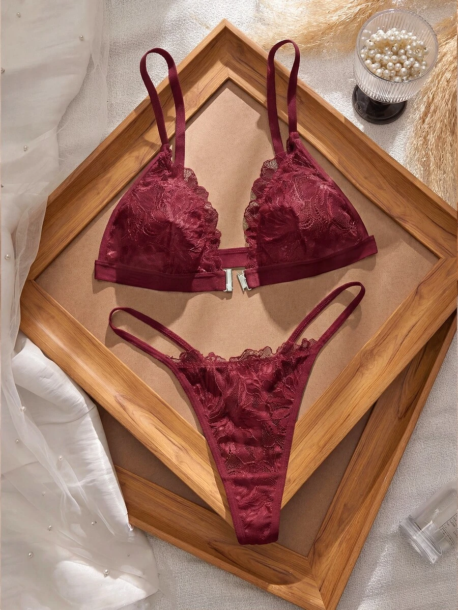 SHEIN Elacene 3SETS Sexy Lace Patchwork Front Closure Women's Lingerie Set - Burgundy - View 1