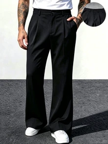 Manfinity Homme Men's Black Basic Minimalist Solid Color Wrinkle-Resistant Loose Fit Business Casual Daily Commute Long Pants - Black - View 1