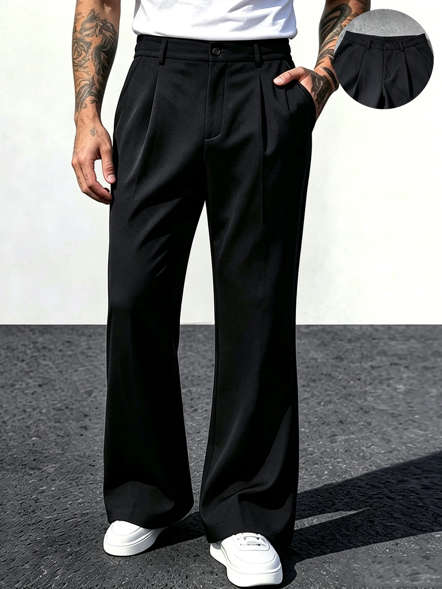 Manfinity Homme Men's Black Basic Minimalist Solid Color Wrinkle-Resistant Loose Fit Business Casual Daily Commute Long Pants - Black - View 1