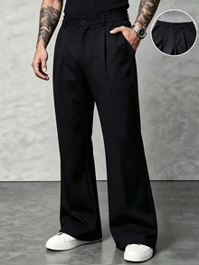 Manfinity Homme Men's Black Basic Minimalist Solid Color Wrinkle-Resistant Loose Fit Business Casual Daily Commute Long Pants - Black - View 5