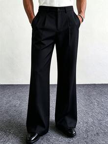 Manfinity Homme Men's Black Basic Minimalist Solid Color Wrinkle-Resistant Loose Fit Business Casual Daily Commute Long Pants - Black - View 6