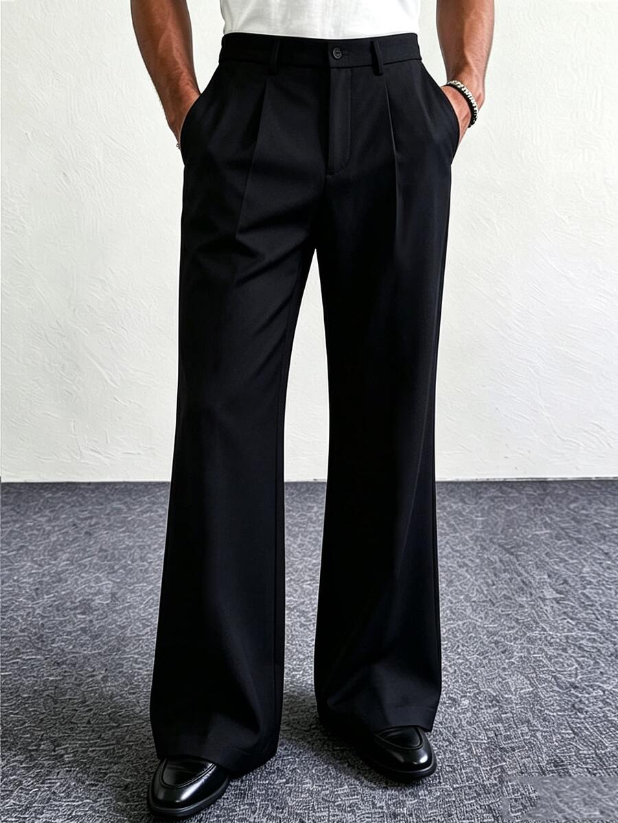 Manfinity Homme Men's Black Basic Minimalist Solid Color Wrinkle-Resistant Loose Fit Business Casual Daily Commute Long Pants - Black - View 1