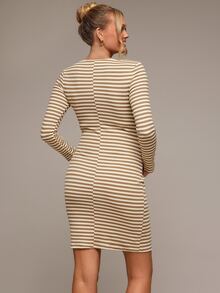 SHEIN 孕婦休閒條紋打結洋裝，適合秋季 - 棕色 - 查看 5