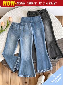 SHEIN Elladie kids [Denim Effect] 4-7歲女童 2件/包（隨機2件）甜美可愛數位印花彈性腰藍色喇叭牛仔褲，適合日常穿著與外出，秋季款 - 彩色 - 查看 3