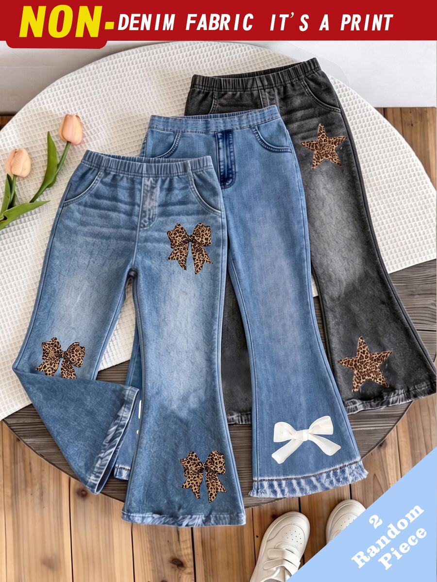 SHEIN Elladie kids [Denim Effect] 4-7歲女童 2件/包（隨機2件）甜美可愛數位印花彈性腰藍色喇叭牛仔褲，適合日常穿著與外出，秋季款