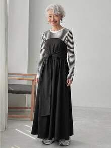 FRIFUL Women's Korean Style Autumn Patchwork Striped Waist-Cinching Dress For Middle-Aged Women - Black - View 3