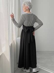FRIFUL Women's Korean Style Autumn Patchwork Striped Waist-Cinching Dress For Middle-Aged Women - Black - View 2