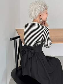 FRIFUL Women's Korean Style Autumn Patchwork Striped Waist-Cinching Dress For Middle-Aged Women - Black - View 5