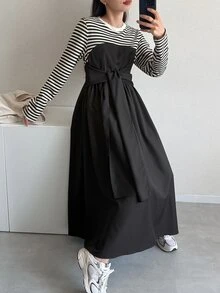 FRIFUL Women's Korean Style Autumn Patchwork Striped Waist-Cinching Dress For Middle-Aged Women - Black - View 8