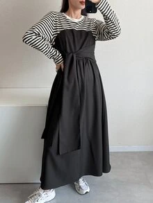 FRIFUL Women's Korean Style Autumn Patchwork Striped Waist-Cinching Dress For Middle-Aged Women - Black - View 11