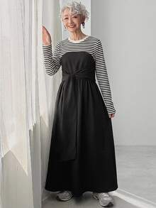 FRIFUL Women's Korean Style Autumn Patchwork Striped Waist-Cinching Dress For Middle-Aged Women - Black - View 6