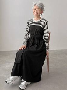 FRIFUL Women's Korean Style Autumn Patchwork Striped Waist-Cinching Dress For Middle-Aged Women - Black - View 4