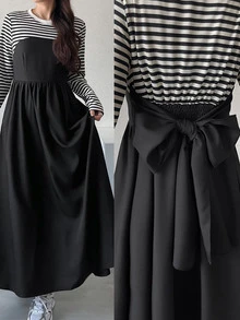 FRIFUL Women's Korean Style Autumn Patchwork Striped Waist-Cinching Dress For Middle-Aged Women - Black - View 13
