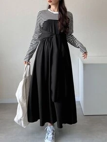 FRIFUL Women's Korean Style Autumn Patchwork Striped Waist-Cinching Dress For Middle-Aged Women - Black - View 9