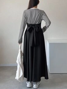 FRIFUL Women's Korean Style Autumn Patchwork Striped Waist-Cinching Dress For Middle-Aged Women - Black - View 7