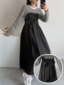 FRIFUL Women's Korean Style Autumn Patchwork Striped Waist-Cinching Dress For Middle-Aged Women - Black - View 12