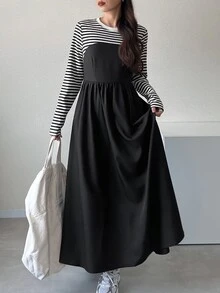 FRIFUL Women's Korean Style Autumn Patchwork Striped Waist-Cinching Dress For Middle-Aged Women - Black - View 10