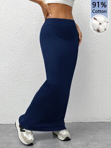 SHEIN EZwear Solid Low Waist Bodycon Maxi Skirt - Navy Blue - View 6
