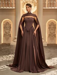 Glamrae Elegant Formal Luxurious Coffee Brown Elastic Matte Satin Dress With Rhinestone Decor, Mermaid Tail Floor-Length Skirt, 2 In 1, Wedding Gala Dinner - Coffee Brown - View 10