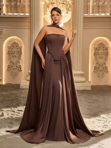 Glamrae Elegant Formal Luxurious Coffee Brown Elastic Matte Satin Dress With Rhinestone Decor, Mermaid Tail Floor-Length Skirt, 2 In 1, Wedding Gala Dinner - Coffee Brown - View 6