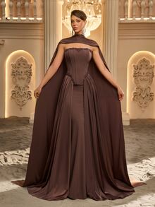 Glamrae Elegant Formal Luxurious Coffee Brown Elastic Matte Satin Dress With Rhinestone Decor, Mermaid Tail Floor-Length Skirt, 2 In 1, Wedding Gala Dinner - Coffee Brown - View 9
