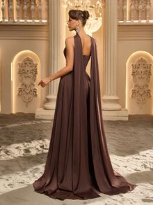 Glamrae Elegant Formal Luxurious Coffee Brown Elastic Matte Satin Dress With Rhinestone Decor, Mermaid Tail Floor-Length Skirt, 2 In 1, Wedding Gala Dinner - Coffee Brown - View 11