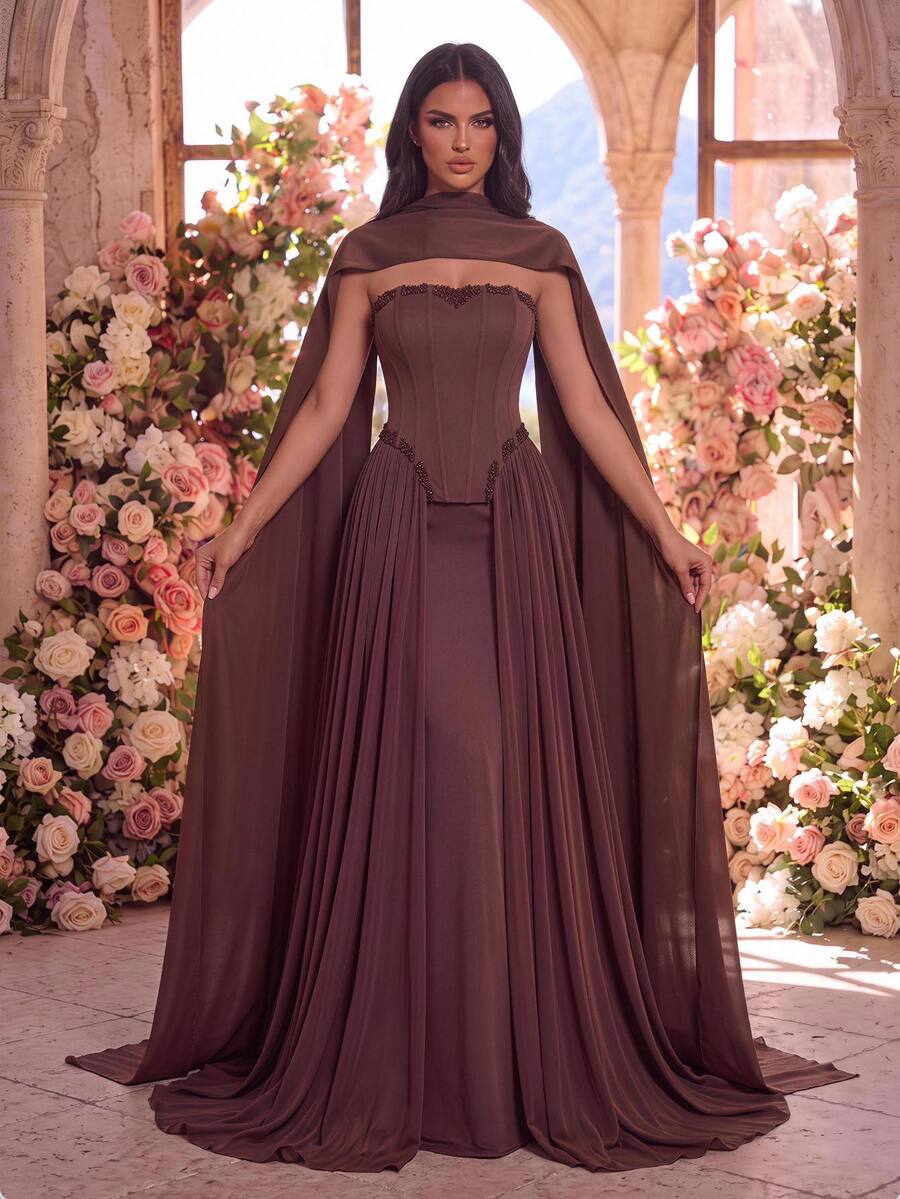 Glamrae Elegant Formal Luxurious Coffee Brown Elastic Matte Satin Dress With Rhinestone Decor, Mermaid Tail Floor-Length Skirt, 2 In 1, Wedding Gala Dinner