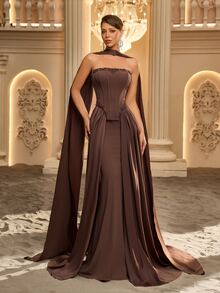 Glamrae Elegant Formal Luxurious Coffee Brown Elastic Matte Satin Dress With Rhinestone Decor, Mermaid Tail Floor-Length Skirt, 2 In 1, Wedding Gala Dinner - Coffee Brown - View 7