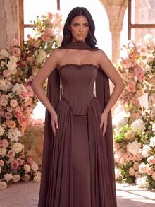 Glamrae Elegant Formal Luxurious Coffee Brown Elastic Matte Satin Dress With Rhinestone Decor, Mermaid Tail Floor-Length Skirt, 2 In 1, Wedding Gala Dinner - Coffee Brown - View 3