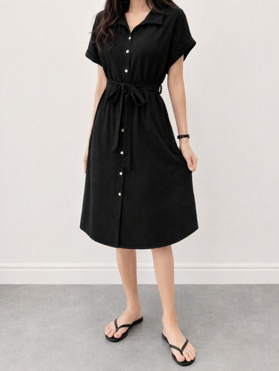 SHEIN LUNE 素色前紐扣腰帶襯衫連衣裙