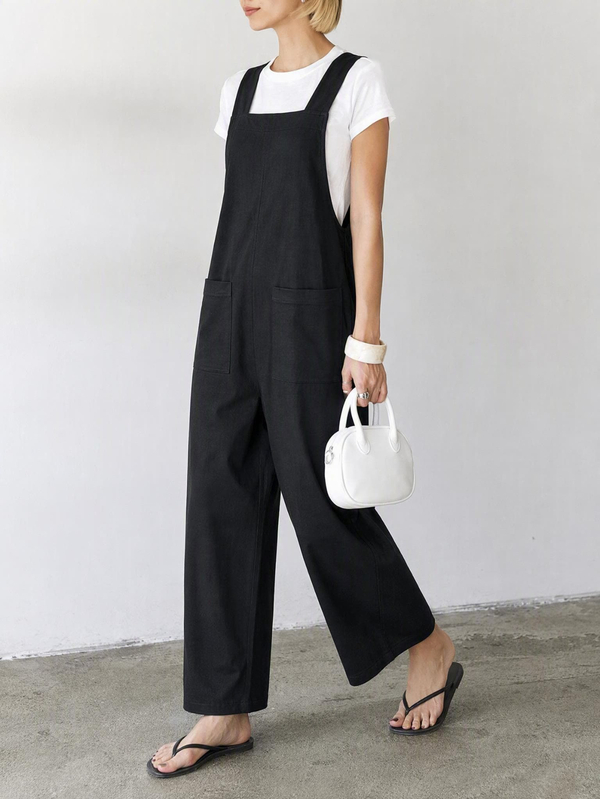 EMERY ROSE Women Minimalist Straight Leg Jumpsuit With Dual Pockets Women Overalls Korean Fashion