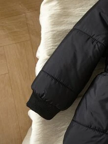 SHEIN 女嬰中長版保暖內裡加厚連帽可正反穿絎縫前開襟拉鍊冬季外套 - 黑色 - 查看 6