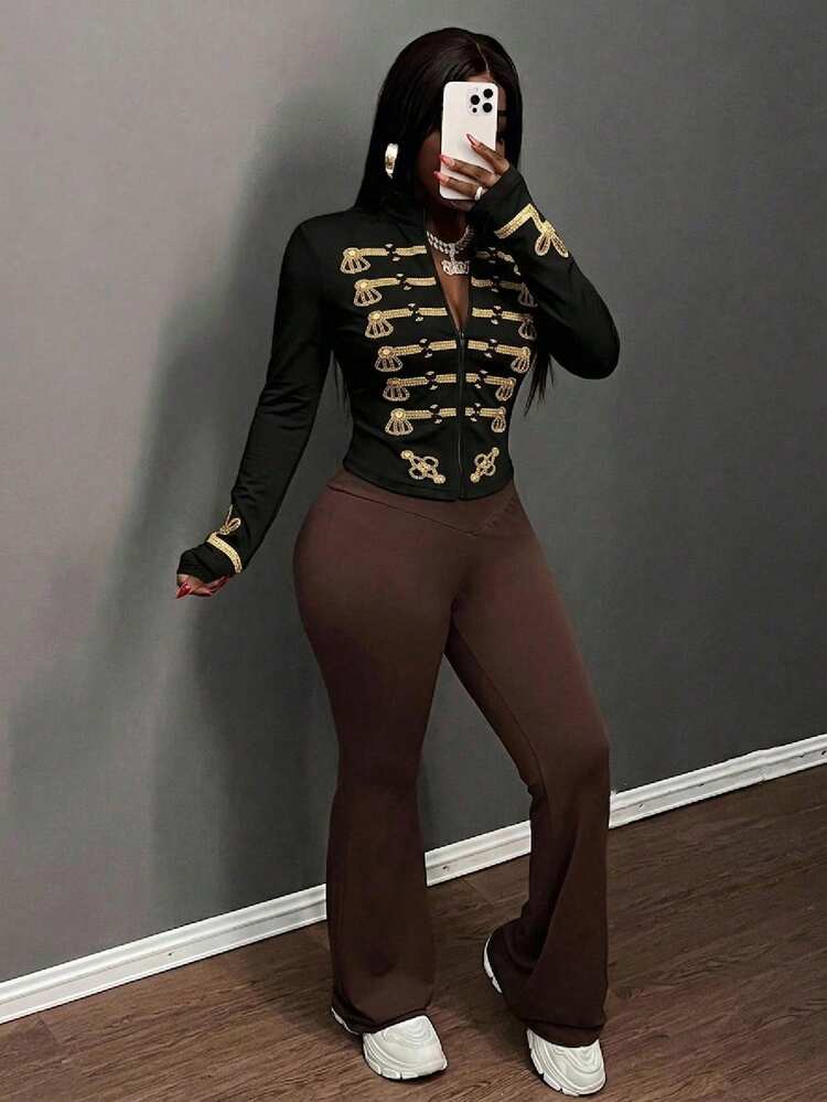 Slaydiva Jaket Napoleon Gaya Gothic/Model Musim Panas/Gugur Terbaru, Lengan Panjang, Kerah Setengah, Resleting Ketat/Y2K/Untuk Acara Jalan-jalan/Streetwear/Gaya Militer Emas/Grafis Trim Emas Gothic/Mj - MultiWarna - View 5