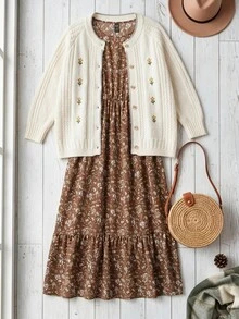 Rusticease Women's Autumn/Winter Casual Cottagecore Cute Floral Embroidered Cardigan Picnic Everyday Date Brunch White And Yellow - Apricot - View 5