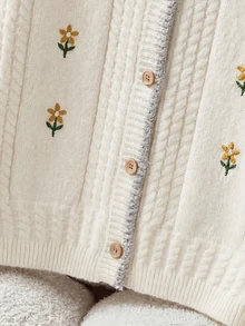 Rusticease Women's Autumn/Winter Casual Cottagecore Cute Floral Embroidered Cardigan Picnic Everyday Date Brunch White And Yellow - Apricot - View 3