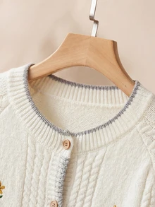 Rusticease Women's Autumn/Winter Casual Cottagecore Cute Floral Embroidered Cardigan Picnic Everyday Date Brunch White And Yellow - Apricot - View 4