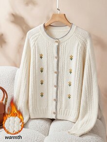 Rusticease Women's Autumn/Winter Casual Cottagecore Cute Floral Embroidered Cardigan Picnic Everyday Date Brunch White And Yellow - Apricot - View 1