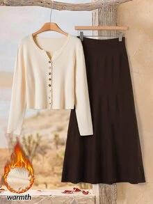 Rusticease Women's Button Long Sleeve Cardigan And Solid Color Maxi Skirt Sweater 2 Pieces Set Office Beige Chocolate Brown Autumn Casual - Multicolor - View 1