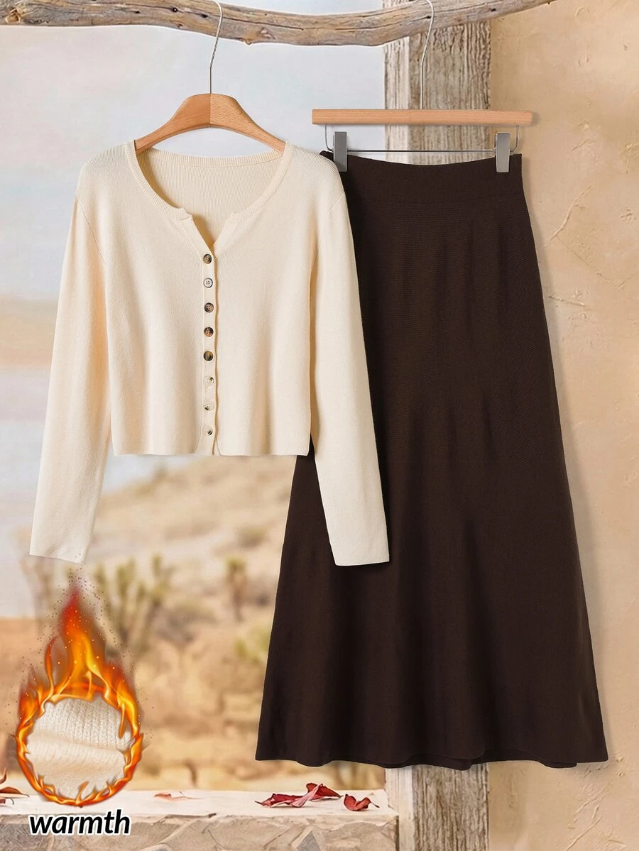 Rusticease Women's Button Long Sleeve Cardigan And Solid Color Maxi Skirt Sweater 2 Pieces Set Office Beige Chocolate Brown Autumn Casual - Multicolor - View 1