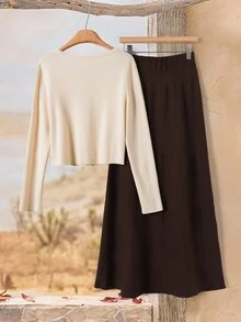 Rusticease Women's Button Long Sleeve Cardigan And Solid Color Maxi Skirt Sweater 2 Pieces Set Office Beige Chocolate Brown Autumn Casual - Multicolor - View 2