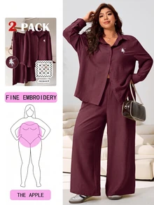Solflare Autumn New Casual Traditional Capsule Business Embroidered Horse Design Plus Size 2 Pieces Set Shirt And Pants Outfit Old Money Style Burgundy Fall - Burgundy - View 1