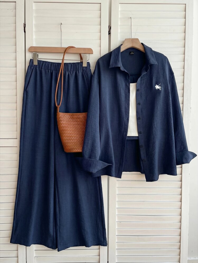 Solflare Autumn New Casual 70's 80s 90s Office Graduation Back-To-School Party Shirt With Long Pants Embroidered Horse Design Loose Fit Navy Blue Set Fall - Navy Blue - View 5