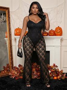 Slaydiva Plus Size Sexy French Lace Patchwork Camisole Jumpsuit, Elegant Going Out Club Party Outfit, Halloween Costume For Women - Black - View 2
