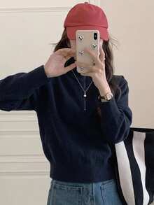 Dazy-Less 女款海軍藍小立領半拉鍊針織套頭毛衣，休閒通勤辦公層搭毛衣，秋冬款 - 藏蓝色 - 查看 8