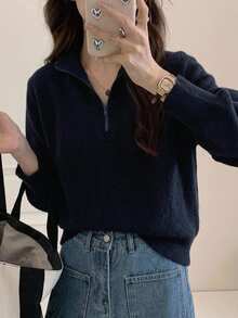 Dazy-Less 女款海軍藍小立領半拉鍊針織套頭毛衣，休閒通勤辦公層搭毛衣，秋冬款 - 藏蓝色 - 查看 1