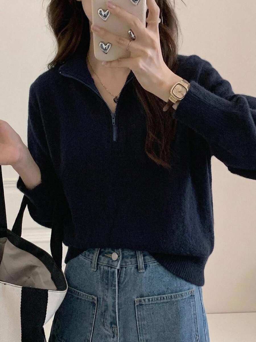 Dazy-Less 女款海軍藍小立領半拉鍊針織套頭毛衣,休閒通勤辦公層搭毛衣,秋冬款 - 藏蓝色 - 查看 1