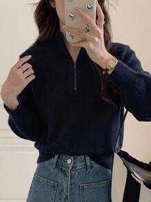 Dazy-Less 女款海軍藍小立領半拉鍊針織套頭毛衣，休閒通勤辦公層搭毛衣，秋冬款 - 藏蓝色 - 查看 10