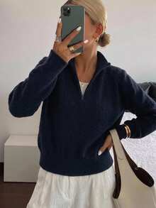 Dazy-Less 女款海軍藍小立領半拉鍊針織套頭毛衣，休閒通勤辦公層搭毛衣，秋冬款 - 藏蓝色 - 查看 6