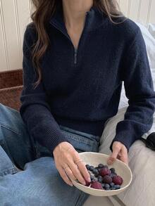 Dazy-Less 女款海軍藍小立領半拉鍊針織套頭毛衣，休閒通勤辦公層搭毛衣，秋冬款 - 藏蓝色 - 查看 2